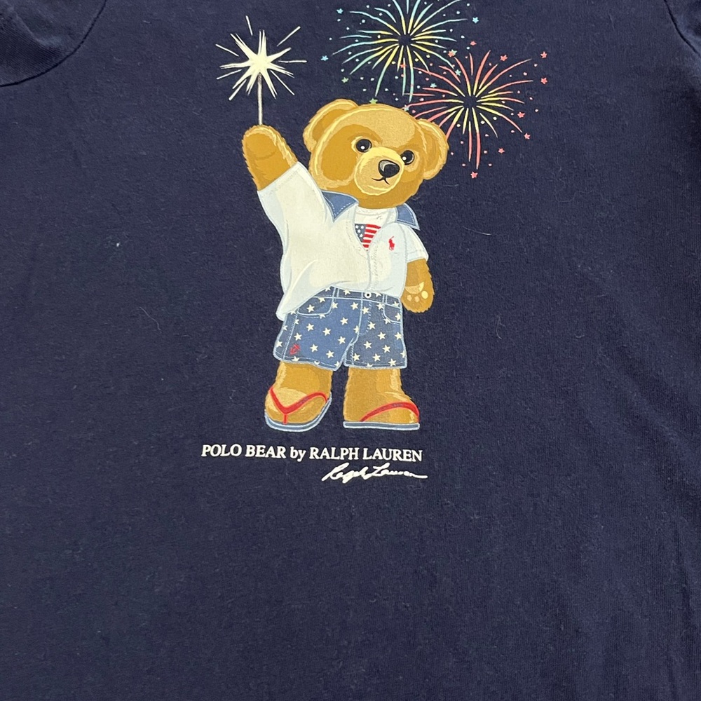 Polo by Ralph Lauren Navy Bear Fireworks Graphic Ruffle Hem Dress Girls Size 6X - Picture 2 of 4